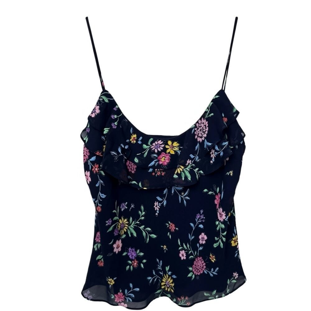 RALPH by Ralph Lauren Navy Blue Floral Ruffle Tank Top. Size L. 100% Rayon